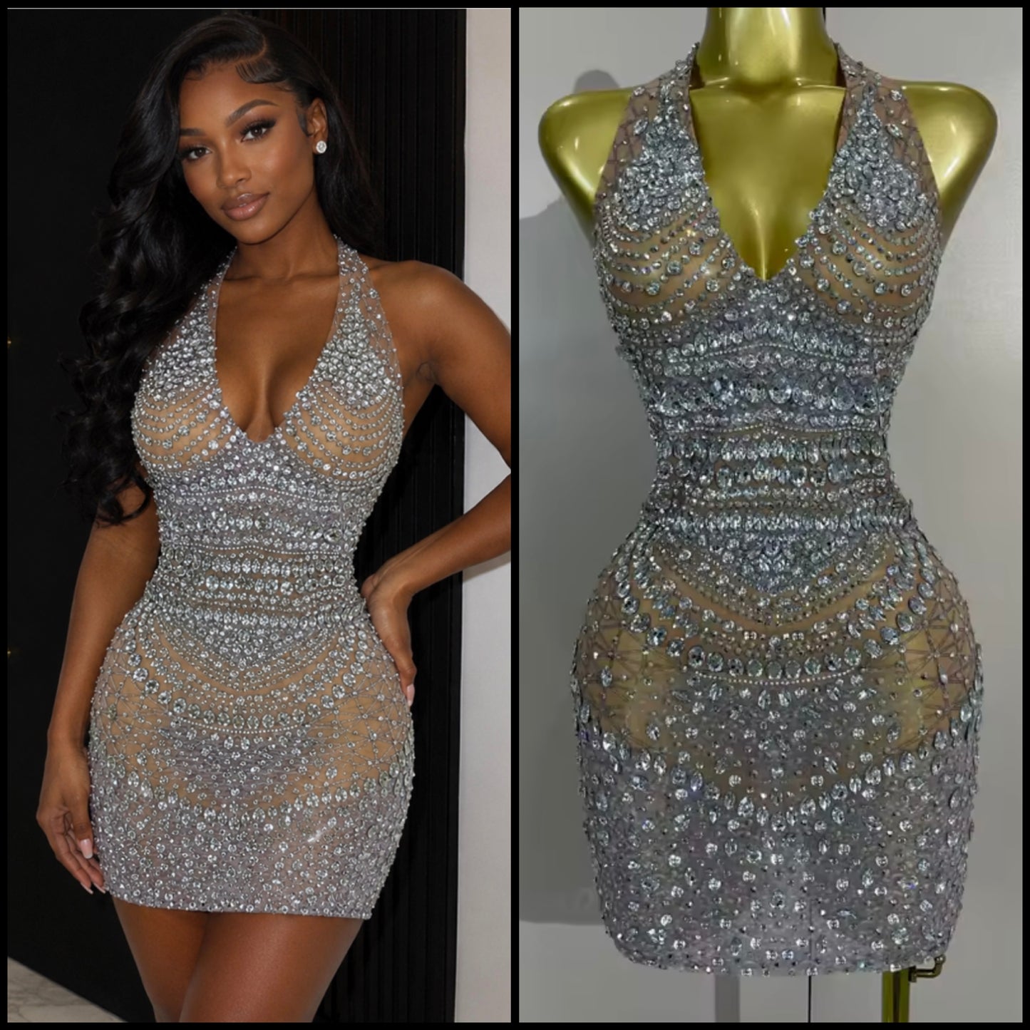Sexy Halter Sleeveless Rhinestone Embellishment Dress