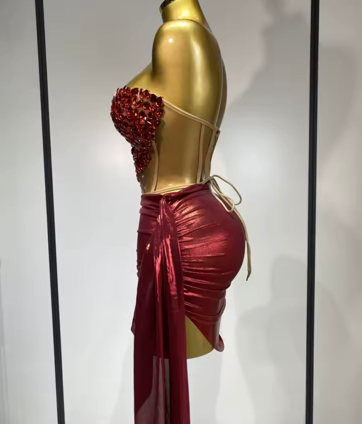 Red Crystal Strapless Mesh Corset Two Piece PU Skirt Set