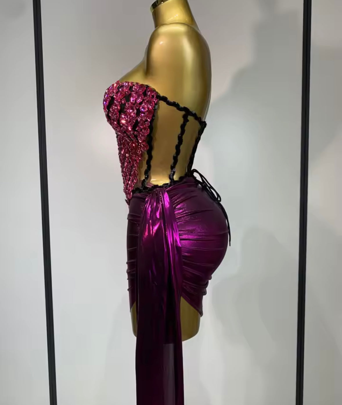 Sexy Crystal Strapless Corset Tassel Skirt Set