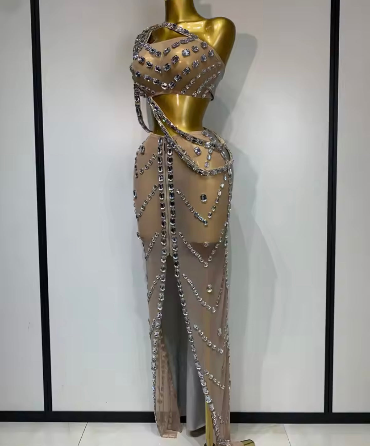 Sexy One Shoulder Sleeveless Crystal Two Piece Maxi Skirt Set