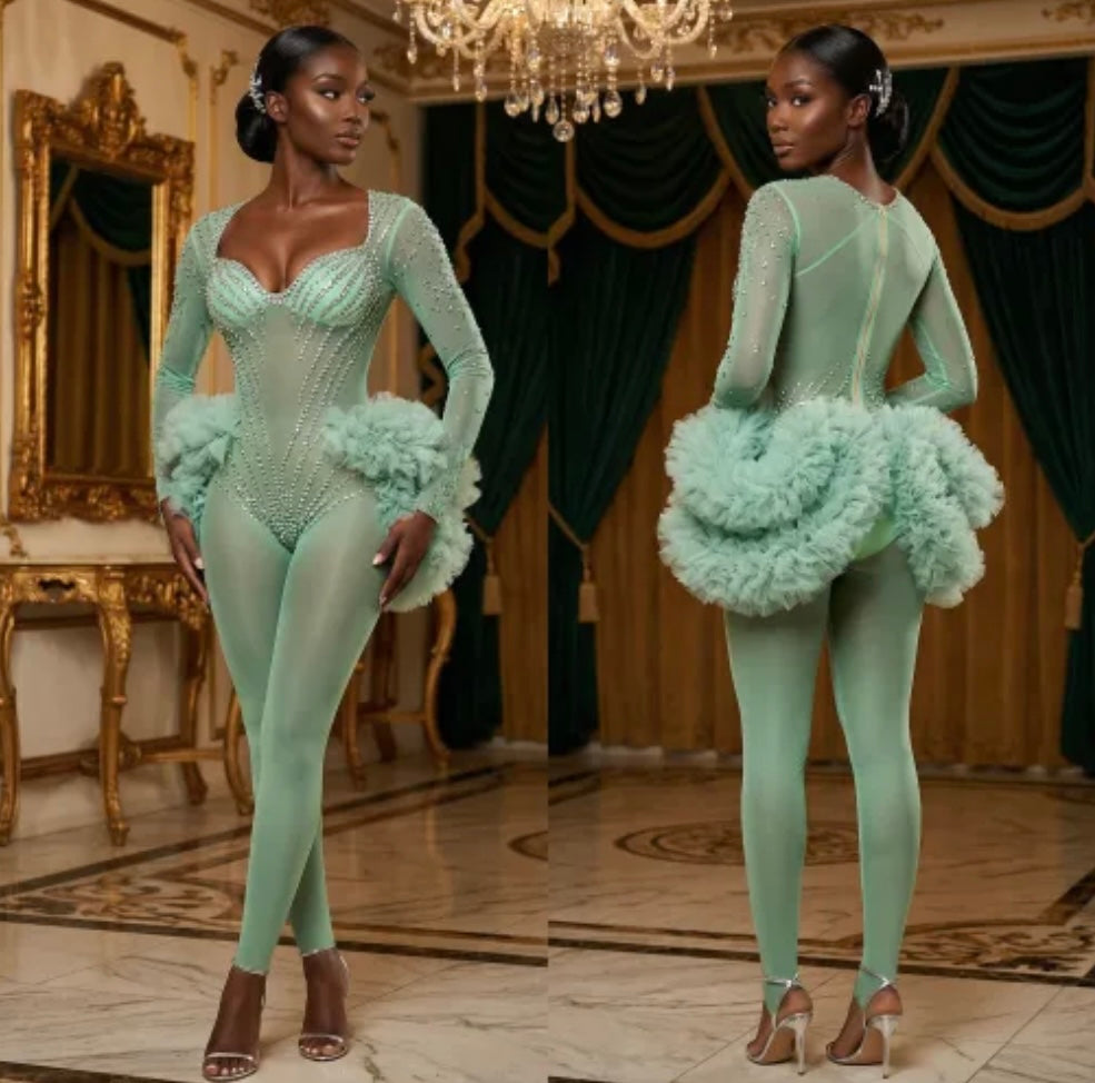 Green See Through Rhinestone Ruffle Full Sleeve Jumpsuit