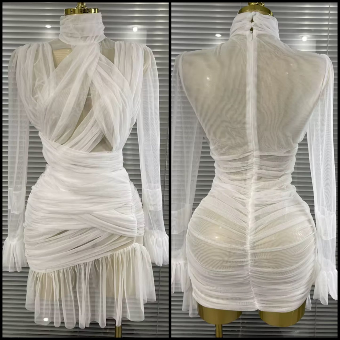 White Sexy See Through Ruched Ruffle Full Sleeve Dress