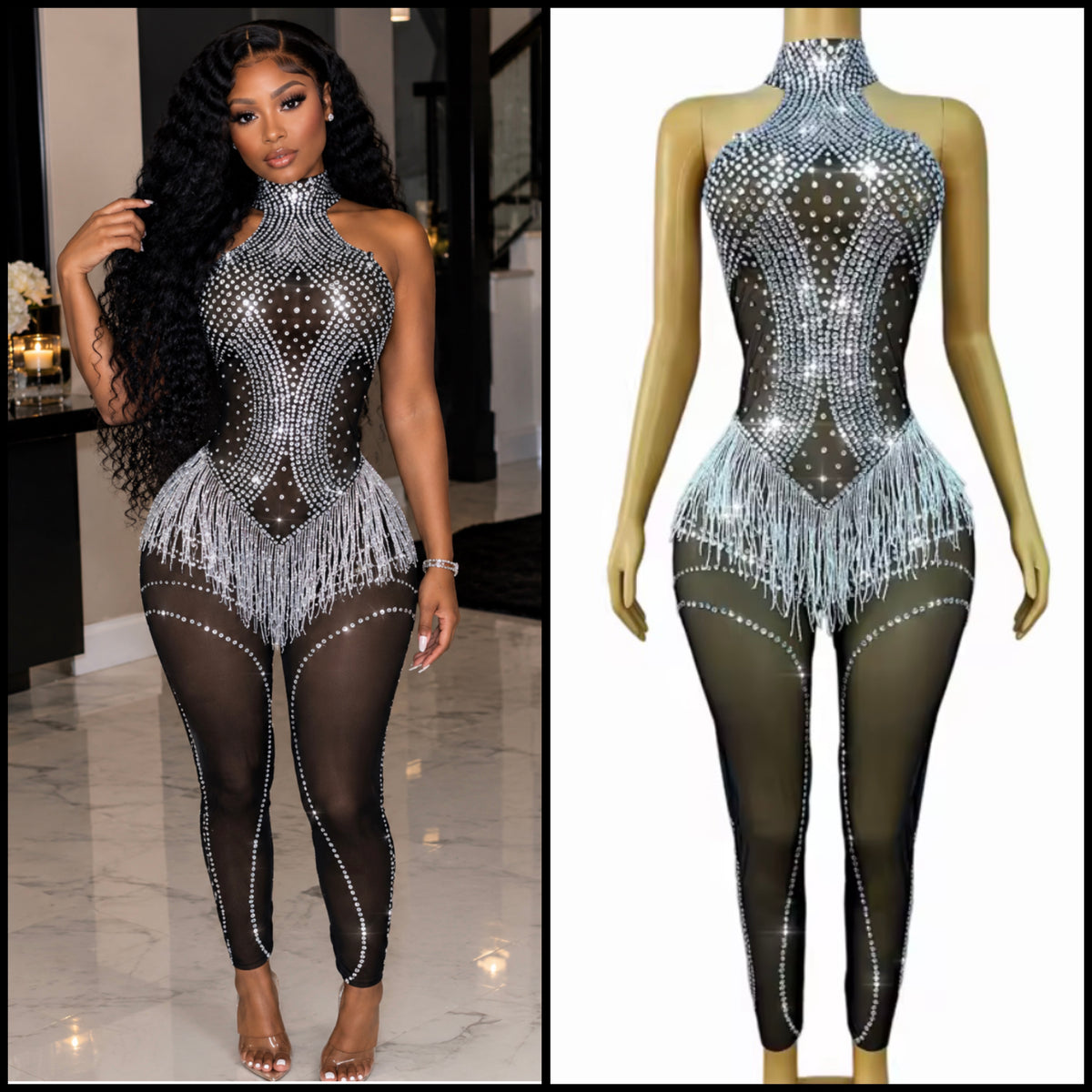Sexy Black Sleeveless Rhinestone Fringe Tassel Jumpsuit