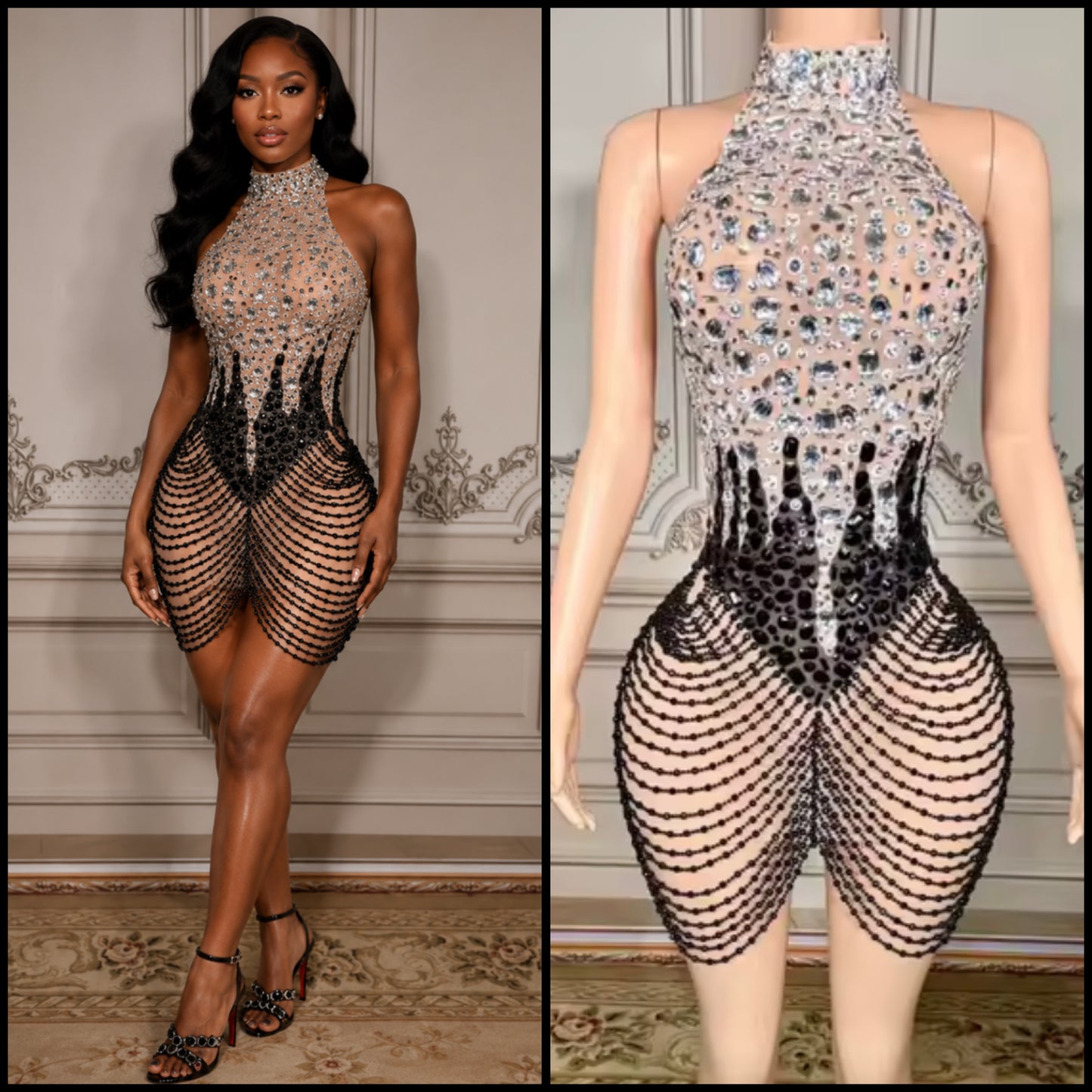 Sexy Halter Open Back Sleeveless Rhinestone Dress