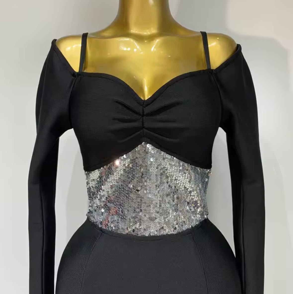 Elegant Black Sequins Patchwork Full Sleeve Maxi Dress