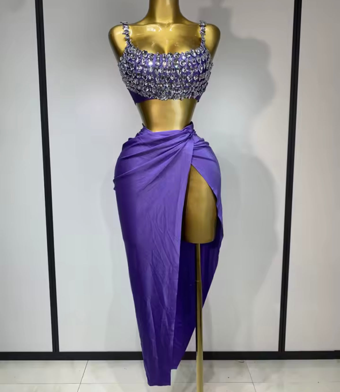 Sexy Rhinestone Sleeveless Maxi Skirt Set