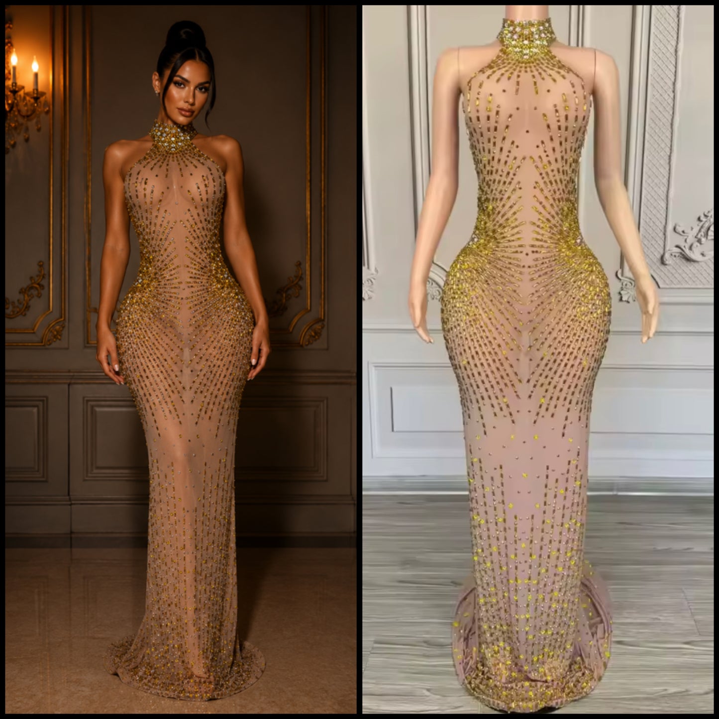 Sexy Halter Sleeveless Rhinestone Embellishment Side Split Maxi Dress
