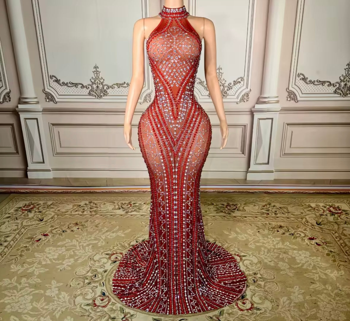 Sexy Sleeveless Red Rhinestone Embellishment Mermaid Dress