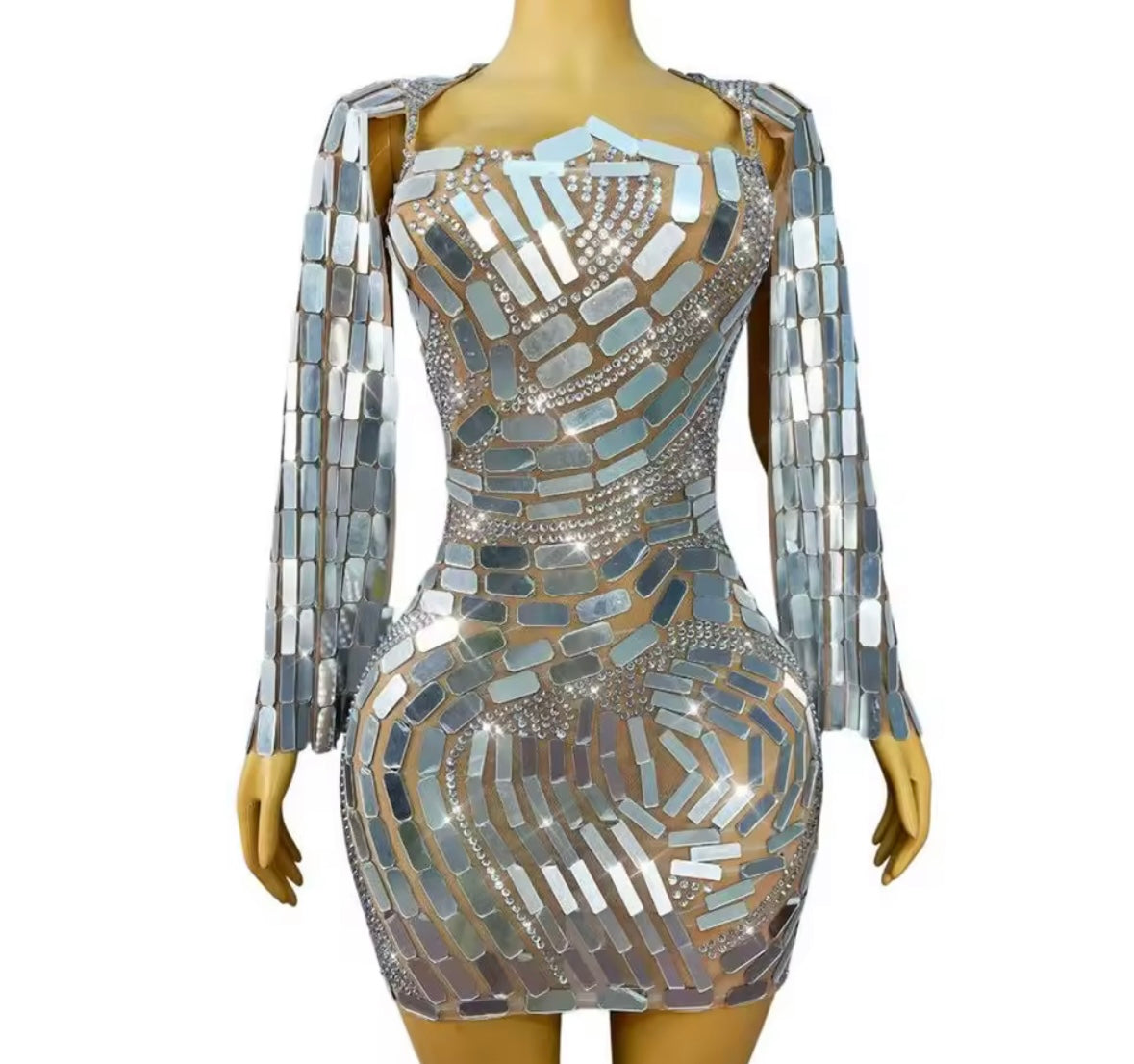 Sexy Mirror Rhinestone Full Sleeve Short Dress