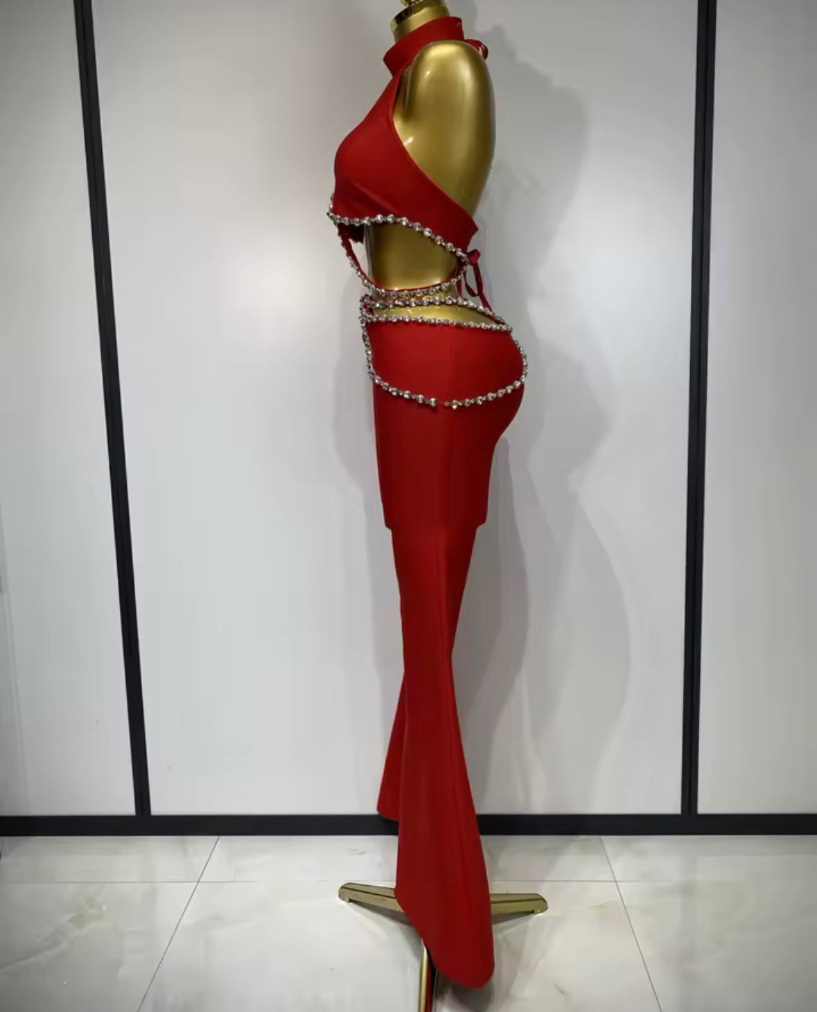 Red Halter Rhinestone Sexy Bandage Pant Set