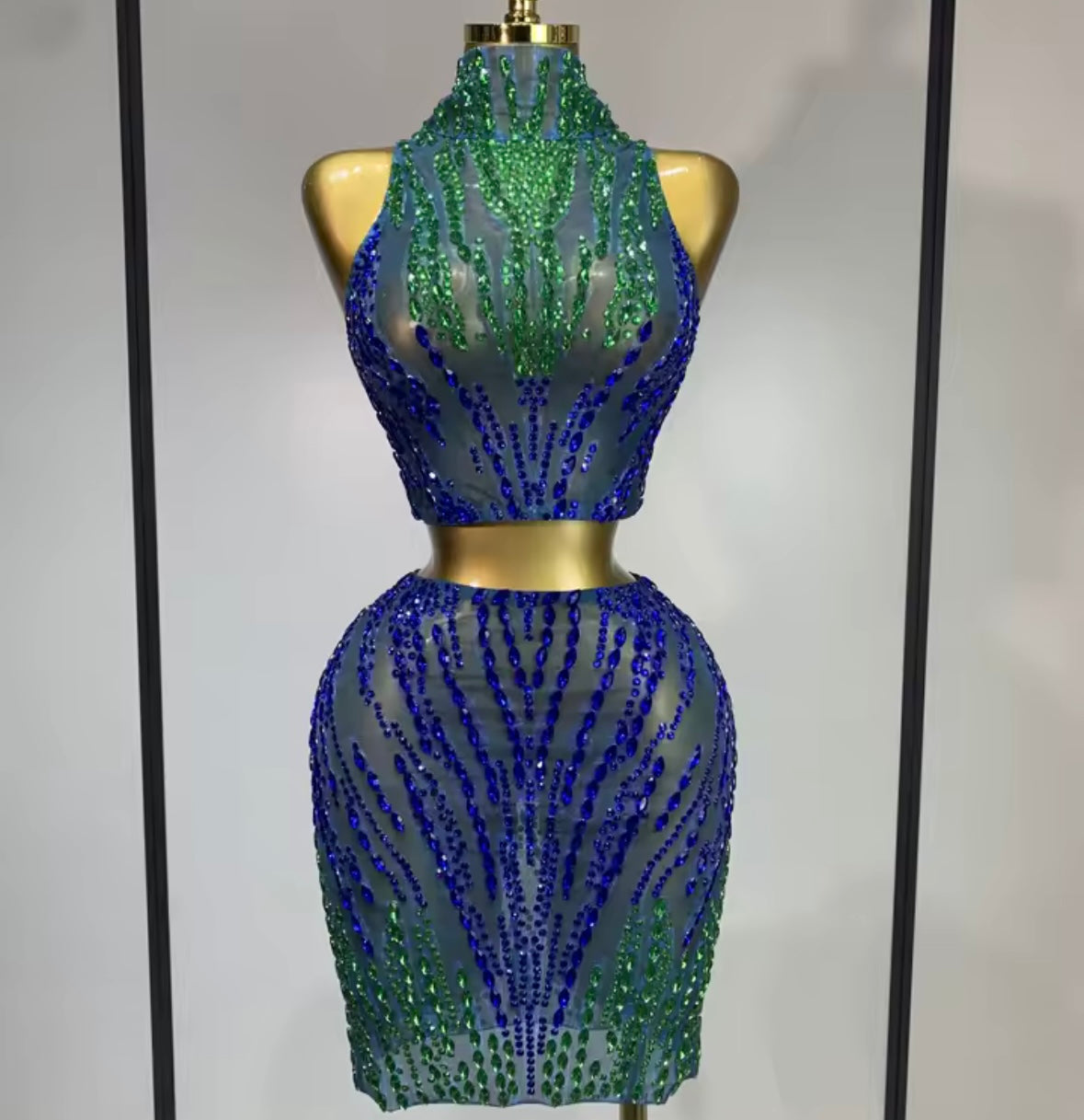 Sexy Sleeveless Gradient Rhinestone Skirt Set