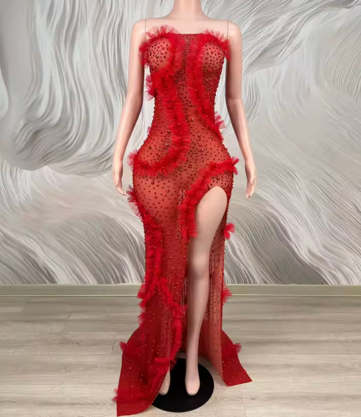 Sexy Strapless Ruffle Rhinestone See Through Side Split Maxi Dress
