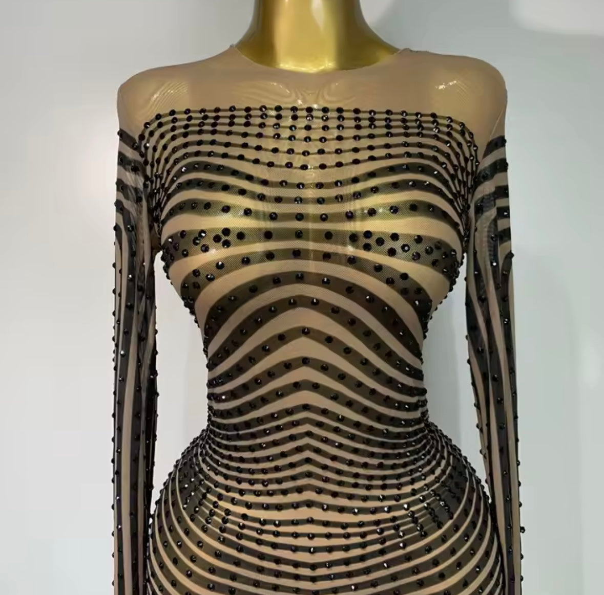 Sexy Rhinestone Striped Full Sleeve Maxi Dress