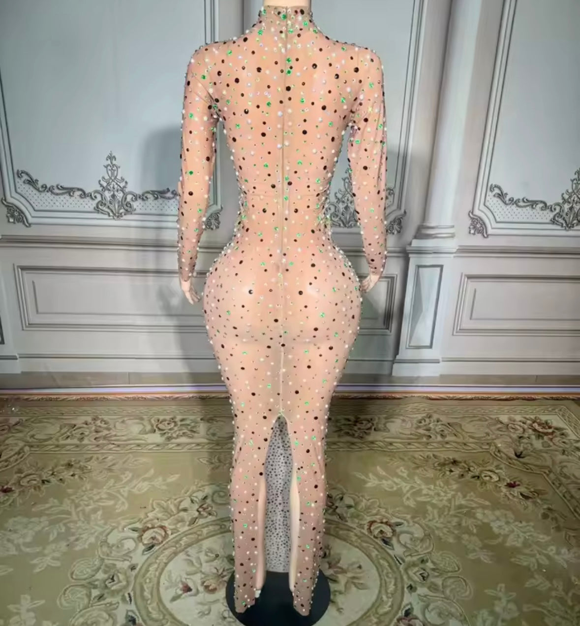 Sexy Beaded Rhinestone Full Sleeve Maxi Dress