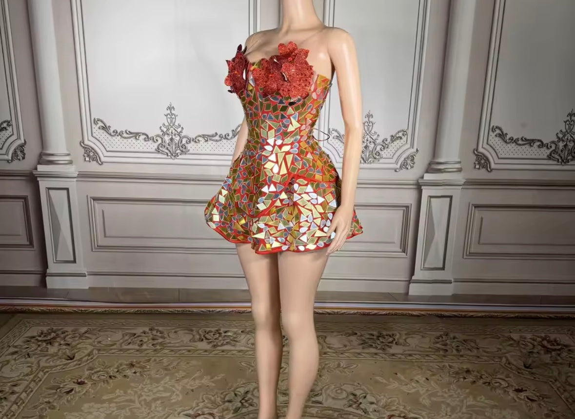 Sexy Sleeveless Floral Mirror Corset Dress