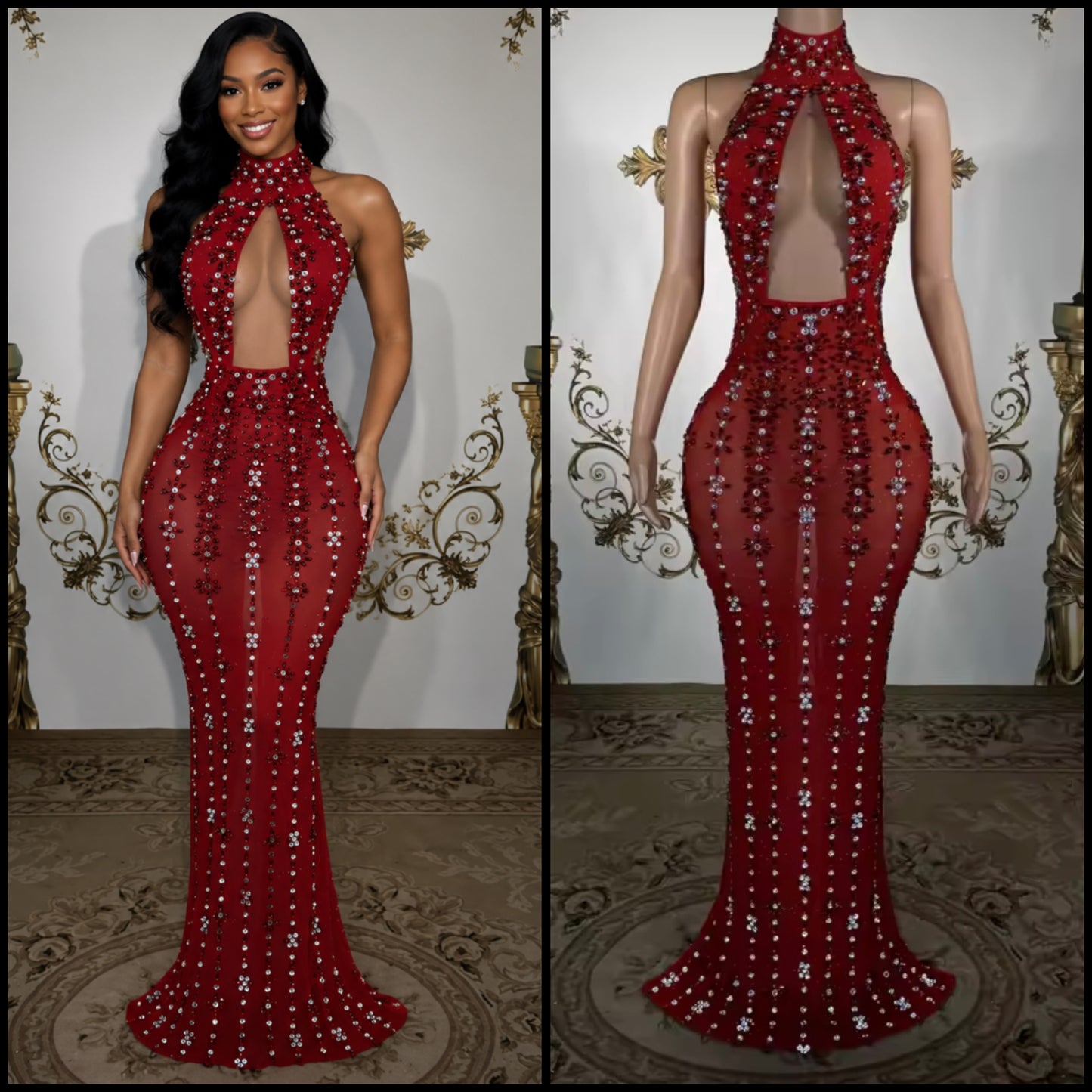 Red Sexy Halter Sleeveless Floral Rhinestone Maxi Dress