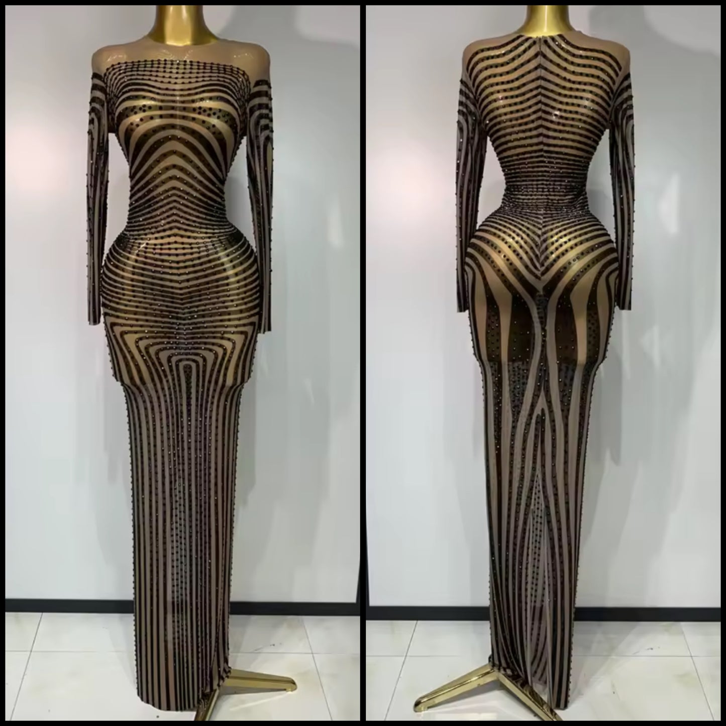 Sexy Rhinestone Striped Full Sleeve Maxi Dress