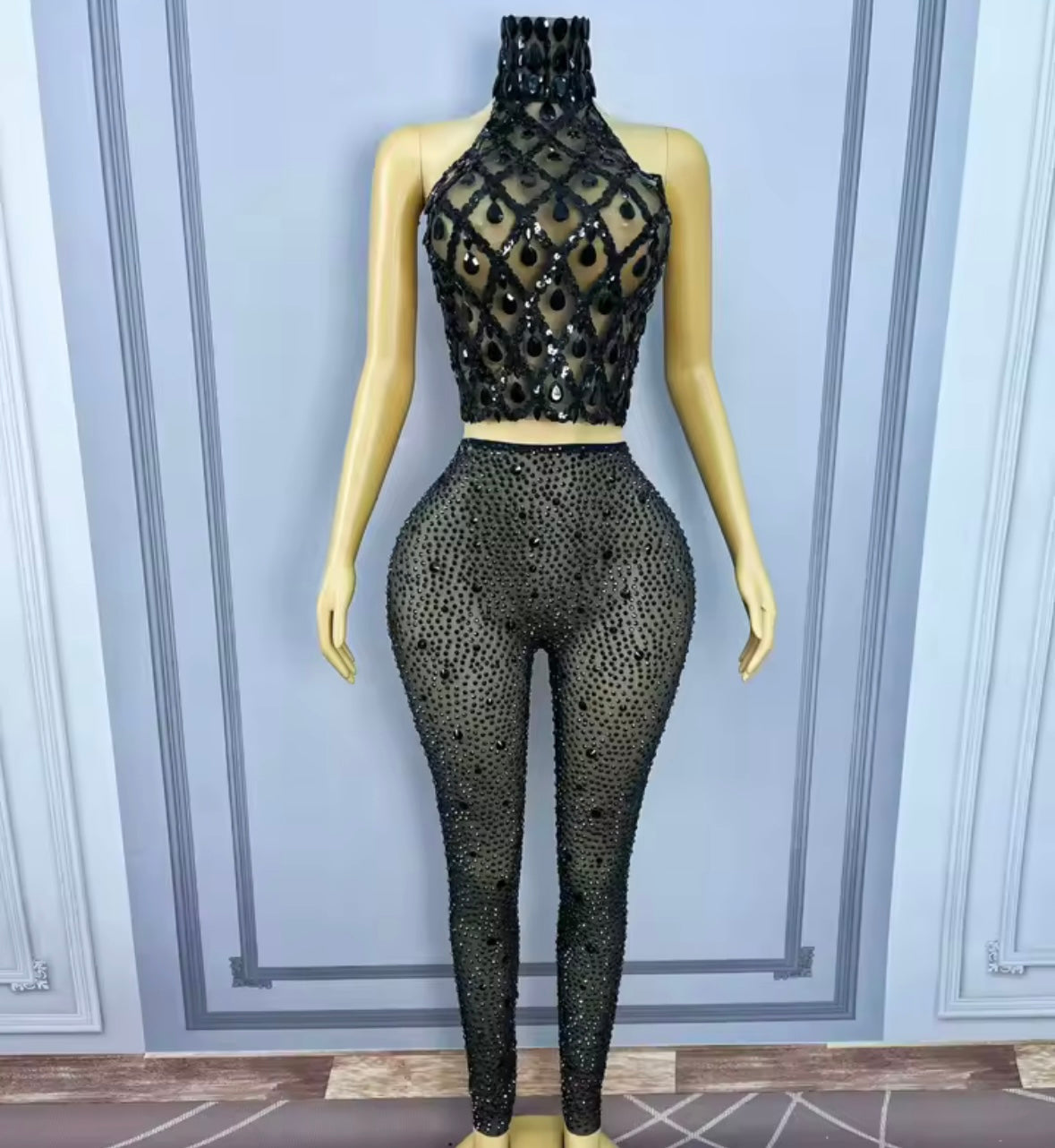 Sexy Halter Sleeveless Crystal See Through Pant Set