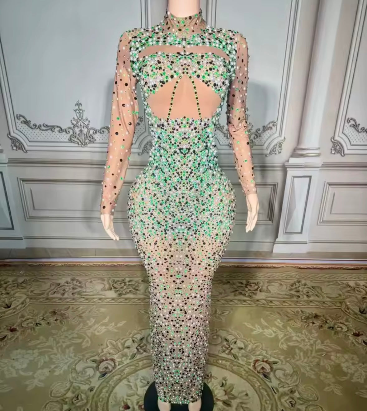 Sexy Beaded Rhinestone Full Sleeve Maxi Dress