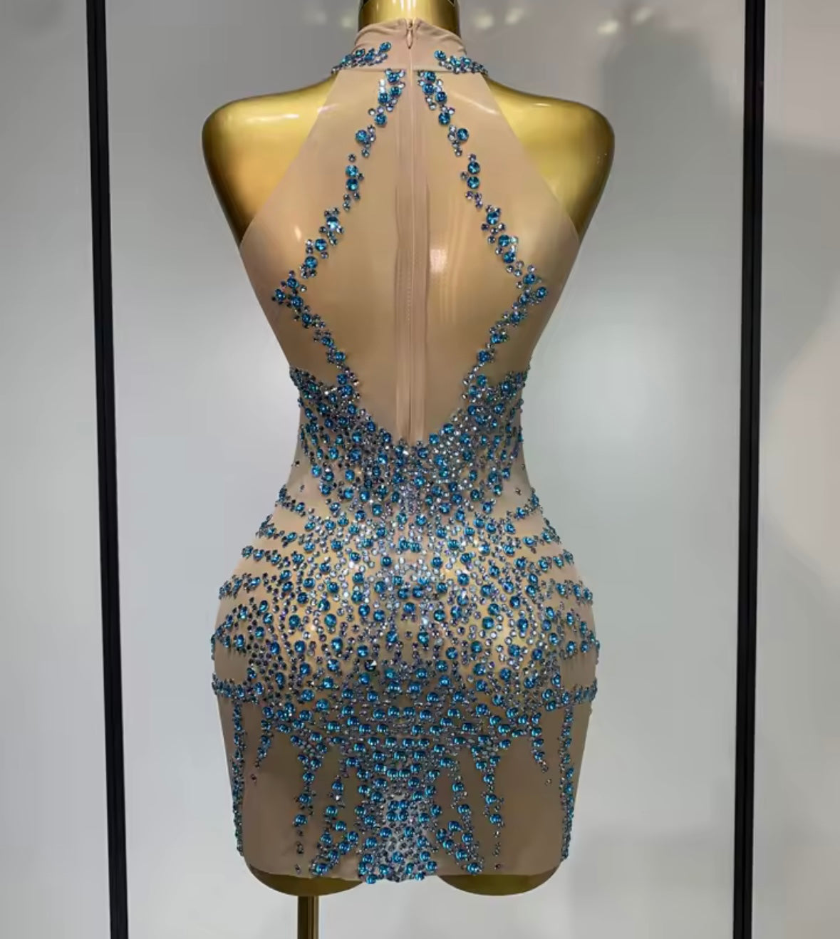 Sleeveless Rhinestone Sexy Short See Through Dress