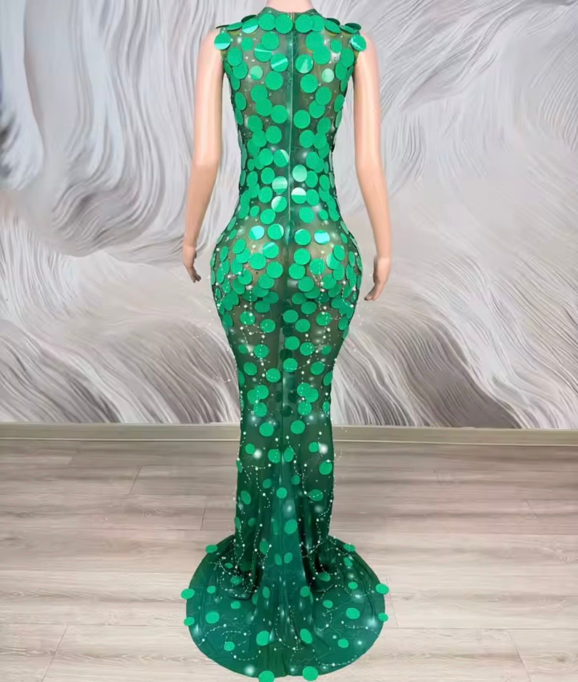 Green Sexy Sleeveless Round Sequins Mermaid Dress