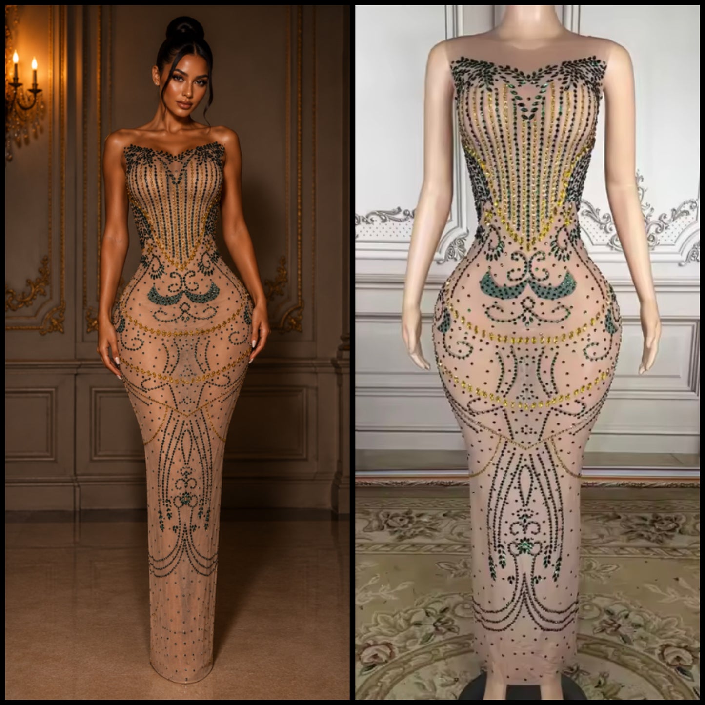 Sexy Sleeveless See Through Rhinestone Maxi Dress