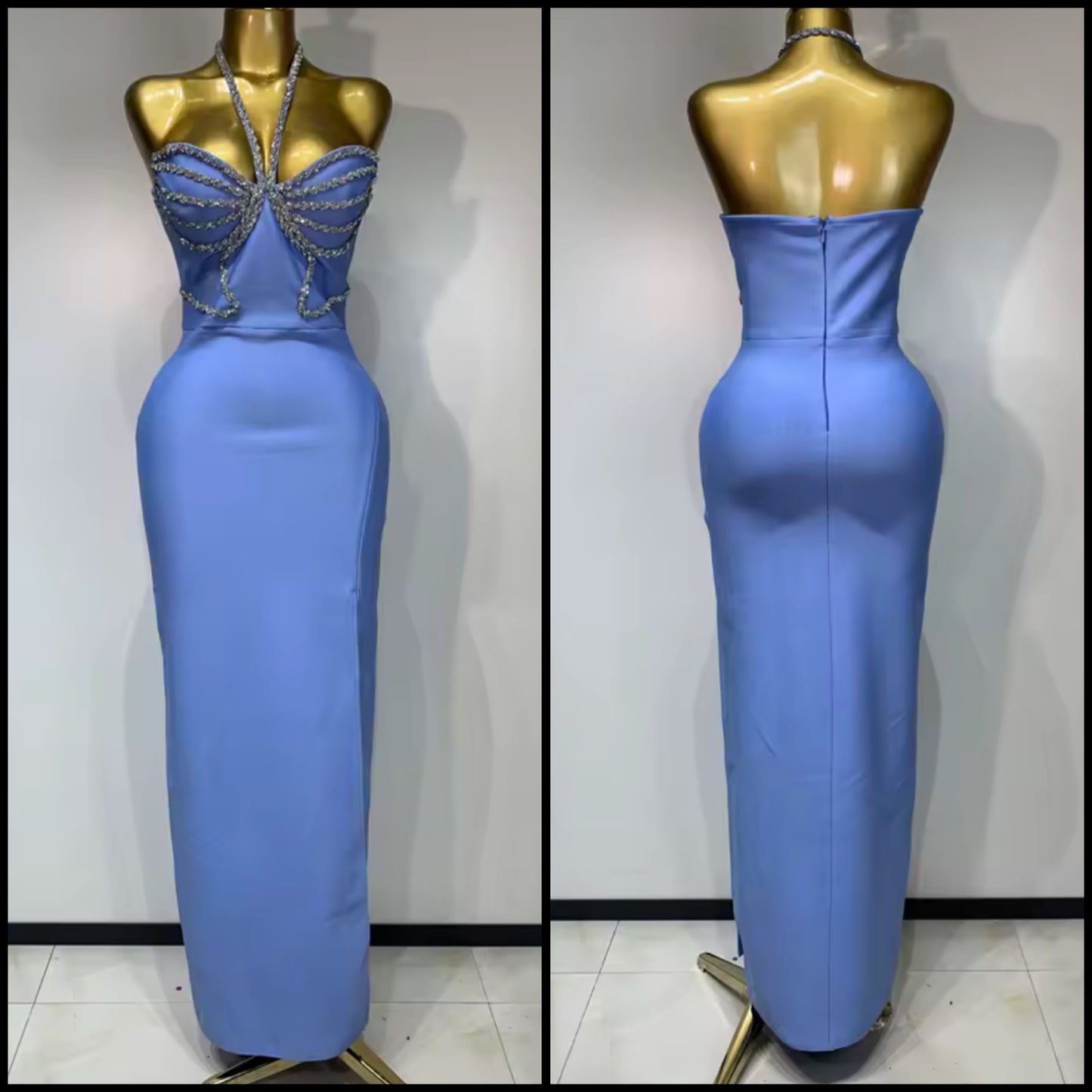 Sexy Blue Rhinestone Halter Bandage Floor-Length Dress