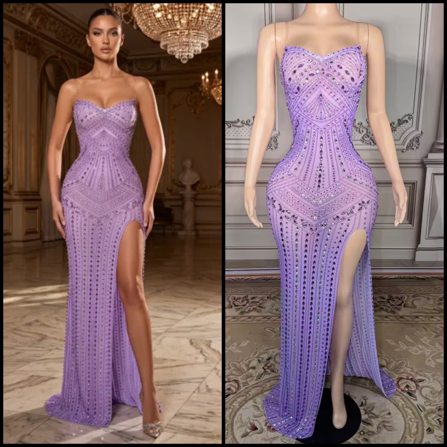 Sexy Sleeveless Rhinestone Purple Side Split Maxi Dress