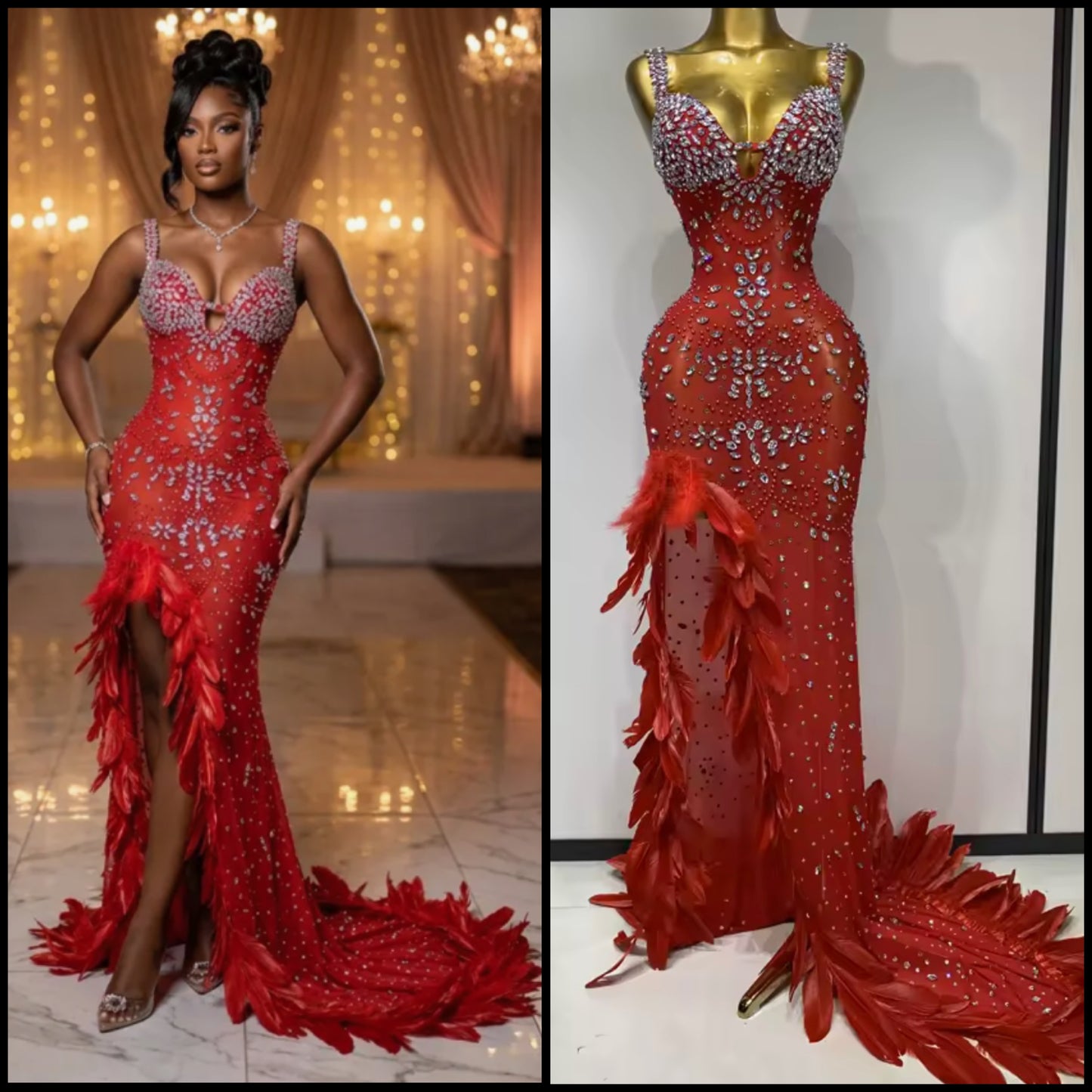 Red Sexy Sleeveless Rhinestone Feather Floor-Length Dress