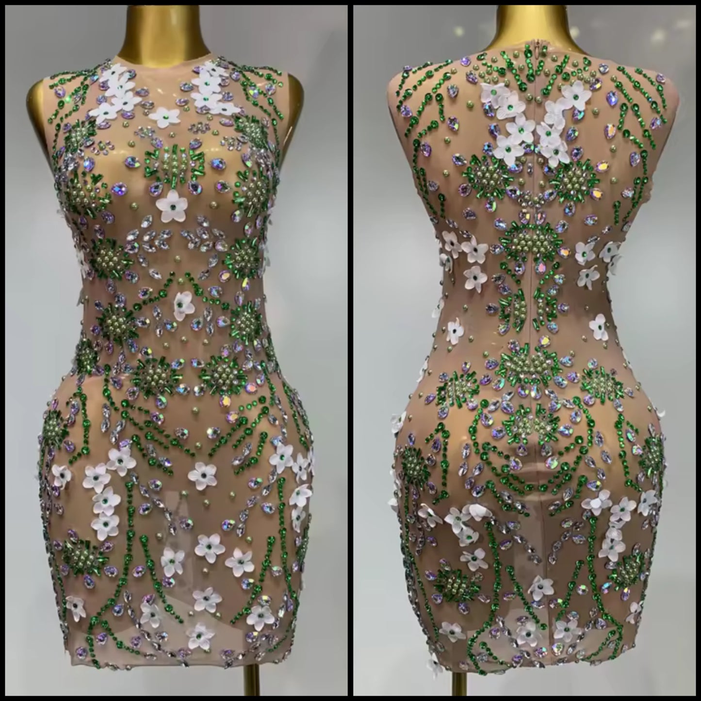 Sexy See Through Sleeveless Floral Rhinestone Dress