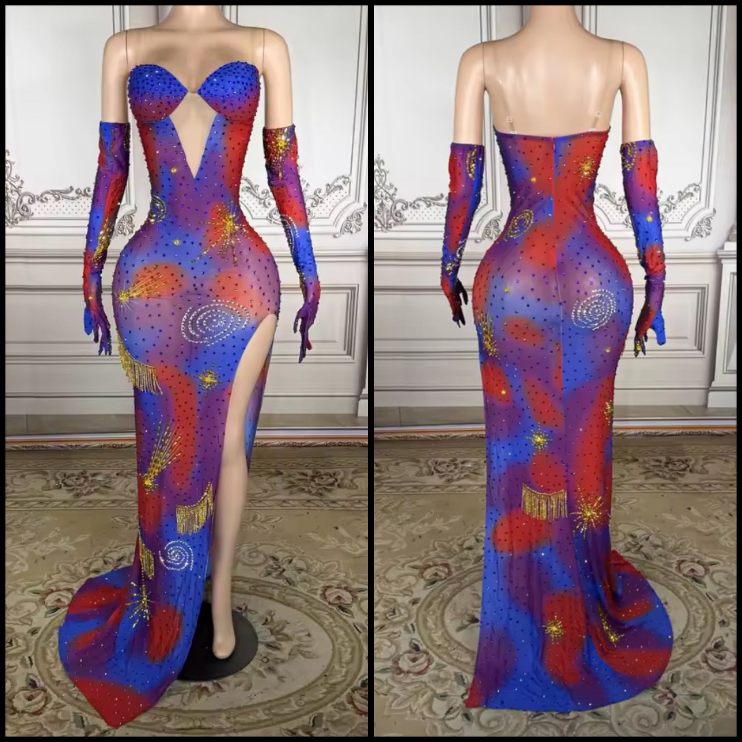 Women Sexy Sleeveless Printed Glove Side Split Maxi Dress