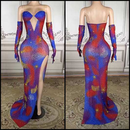 Women Sexy Sleeveless Printed Glove Side Split Maxi Dress