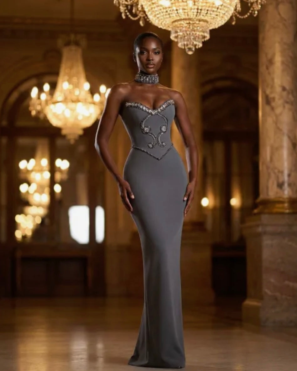 Beaded Rhinestone Choker Strapless Elegant Maxi Dress