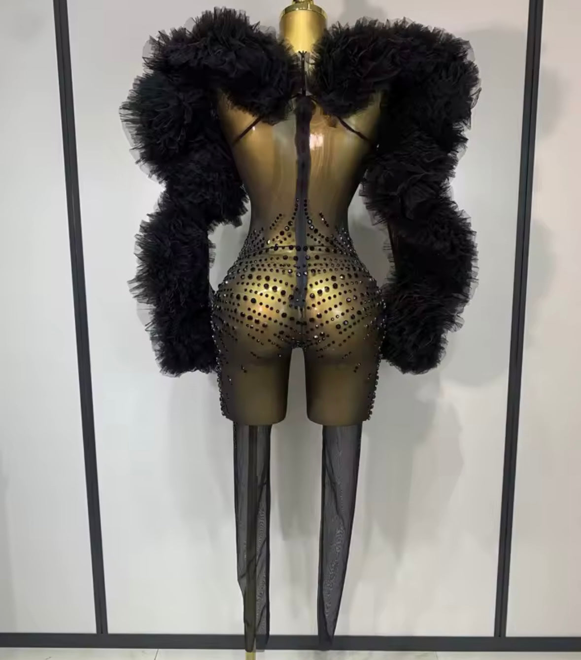Black Rhinestone Embellishment Ruffle Sexy Jumpsuit