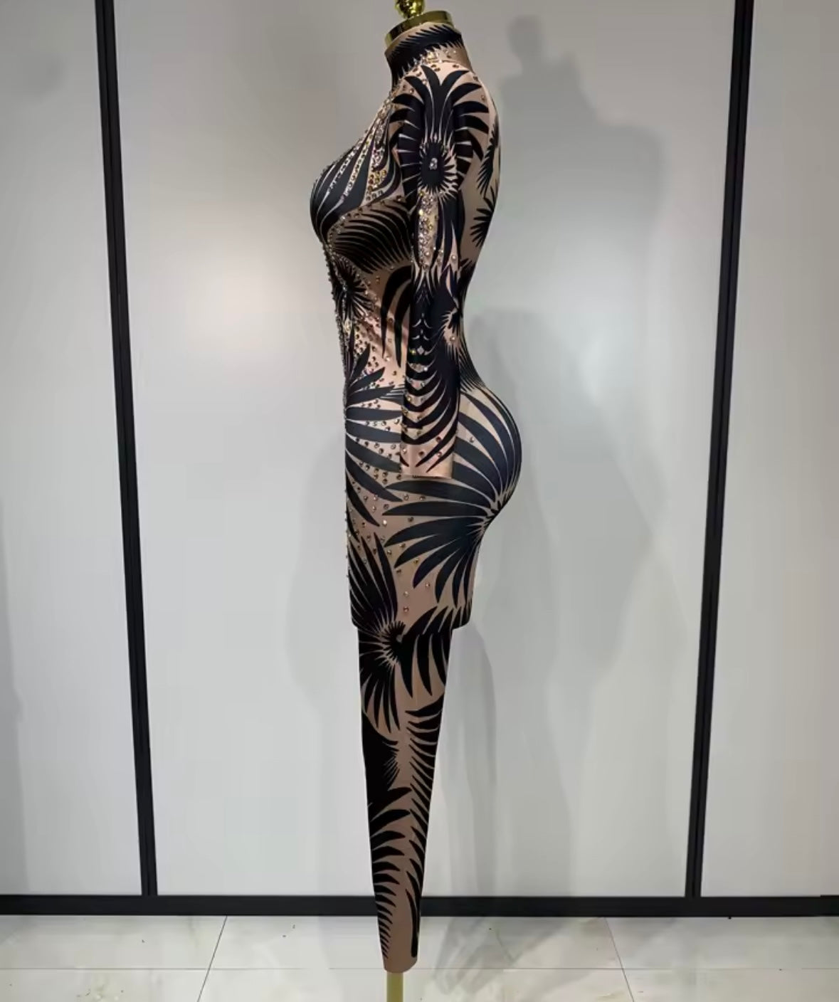 Sexy Rhinestone Embellishment Printed Full Sleeve Jumpsuit
