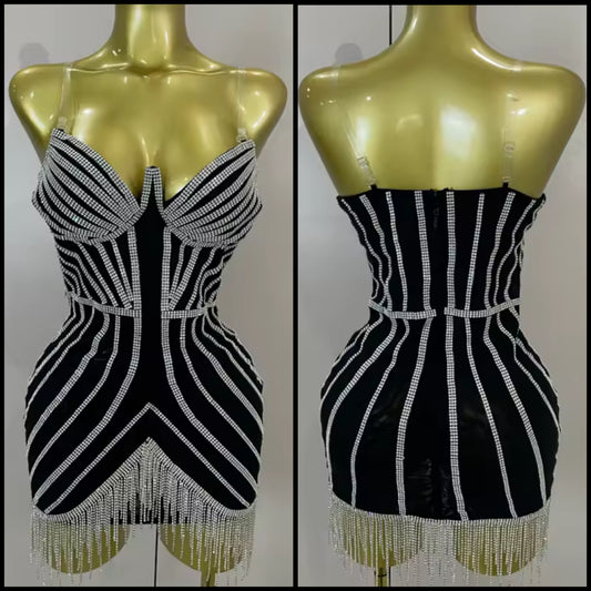 Black Rhinestone Embellishment Tassel Sexy Sleeveless Dress