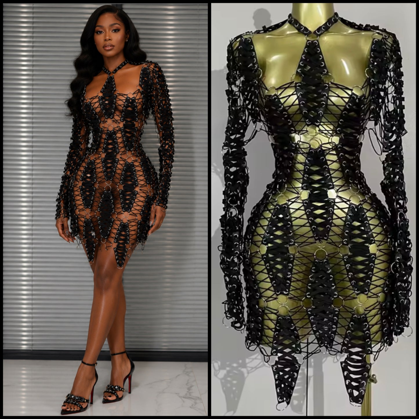 Sexy Black Open Back Full Sleeve Lace Up Dress