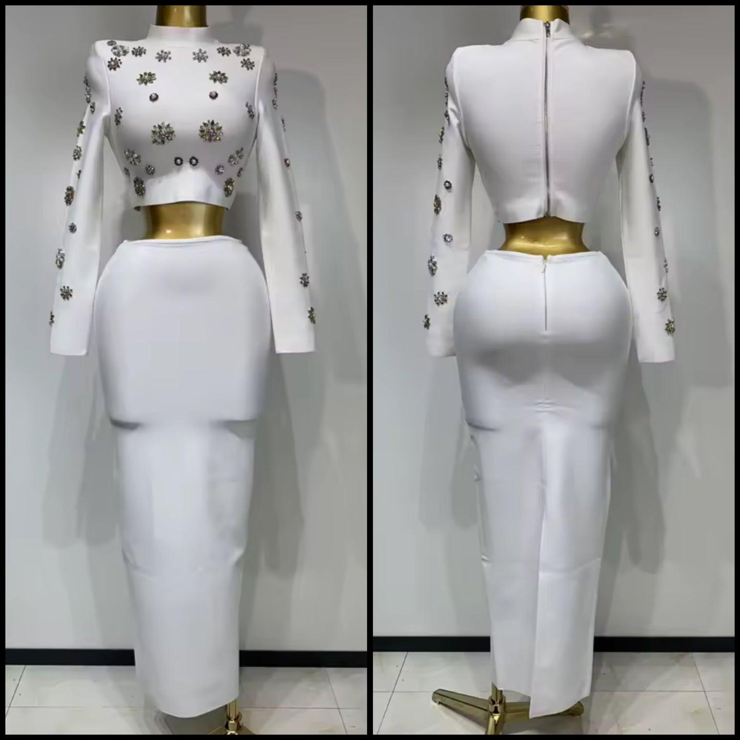 White Elegant Rhinestone Pearl Flower Two Piece Skirt Set