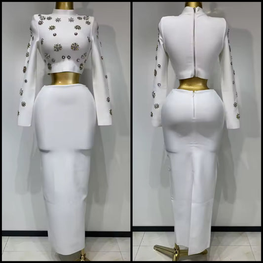 White Elegant Rhinestone Pearl Flower Two Piece Skirt Set