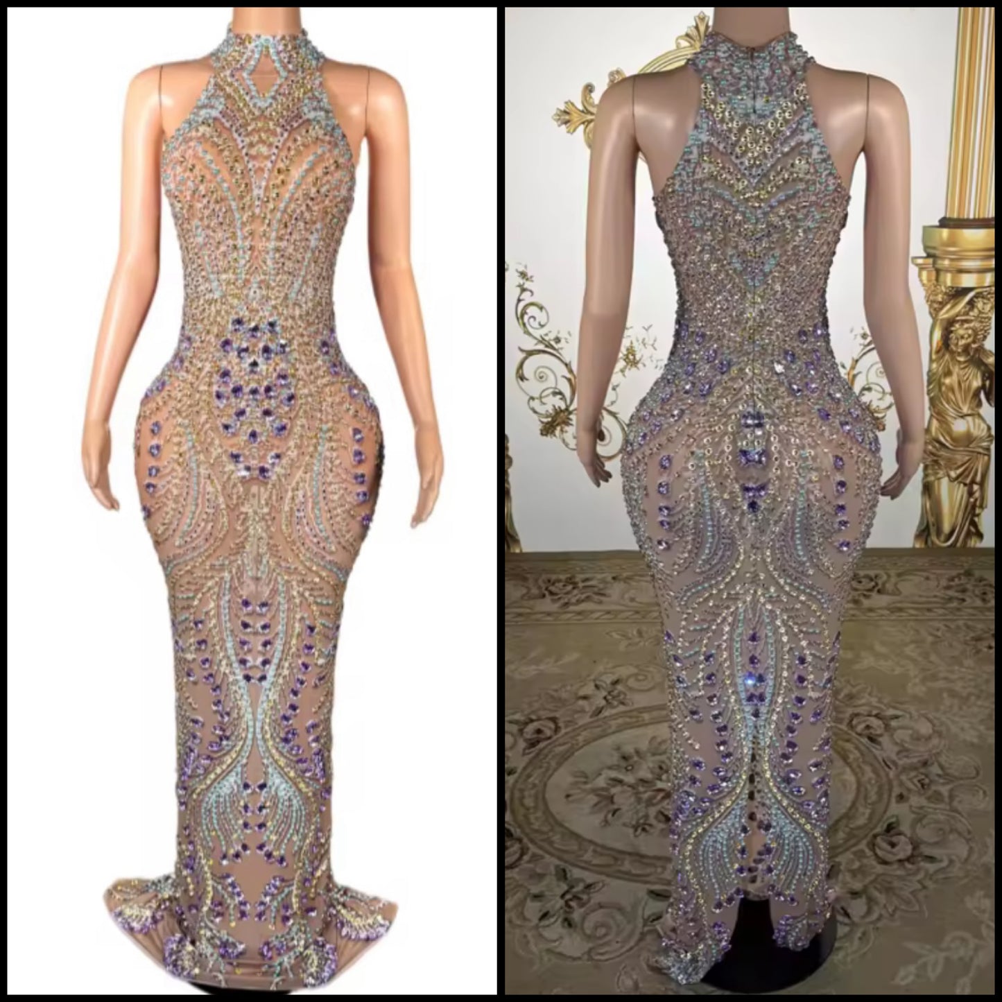 Elegant Beaded Rhinestone Sleeveless Floor-Length Dress