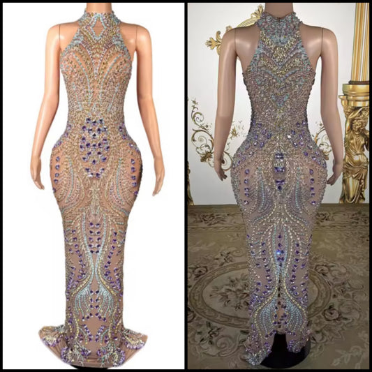Elegant Beaded Rhinestone Sleeveless Floor-Length Dress