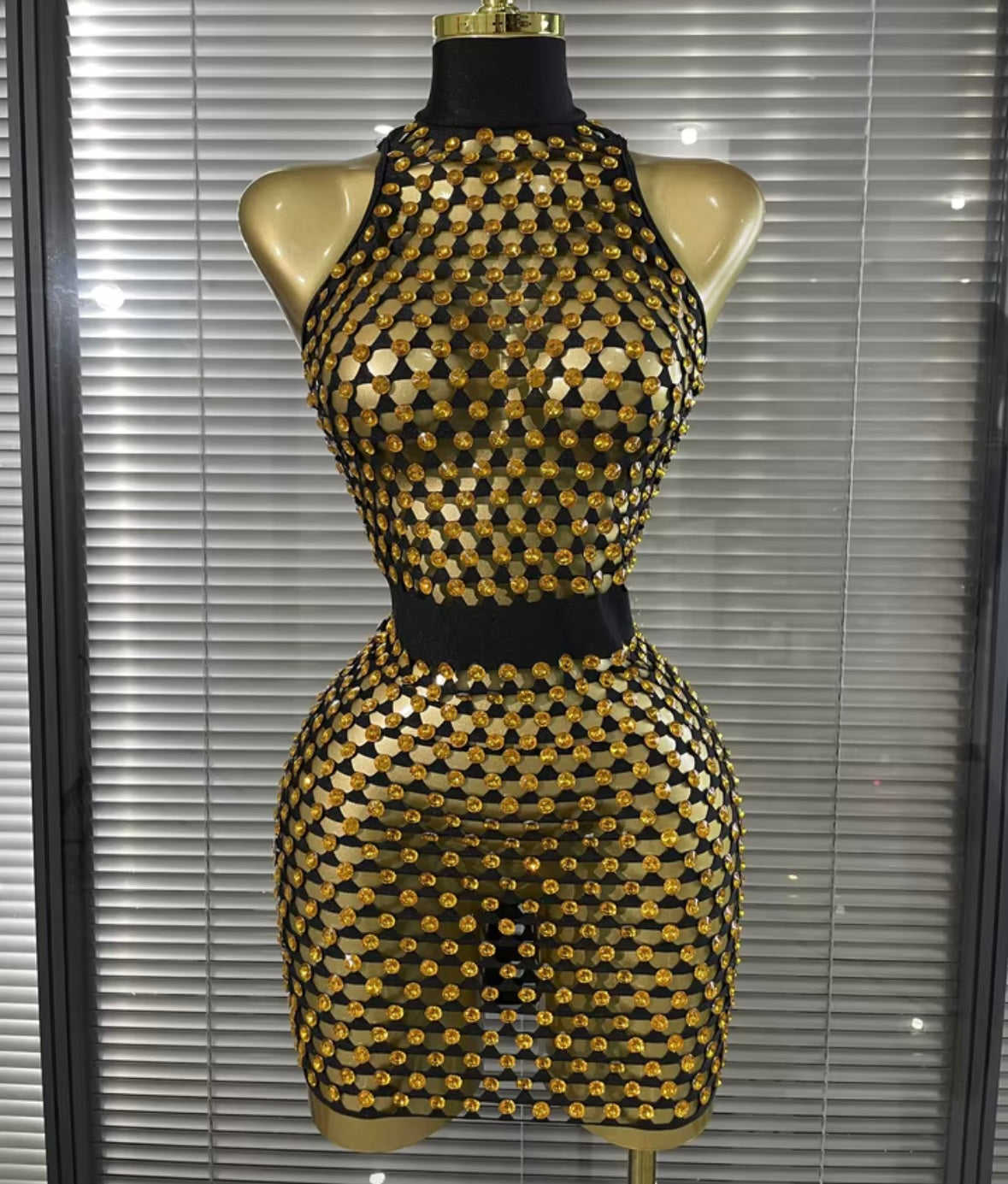 Sexy Sleeveless Rhinestone Open Back See Through Dress