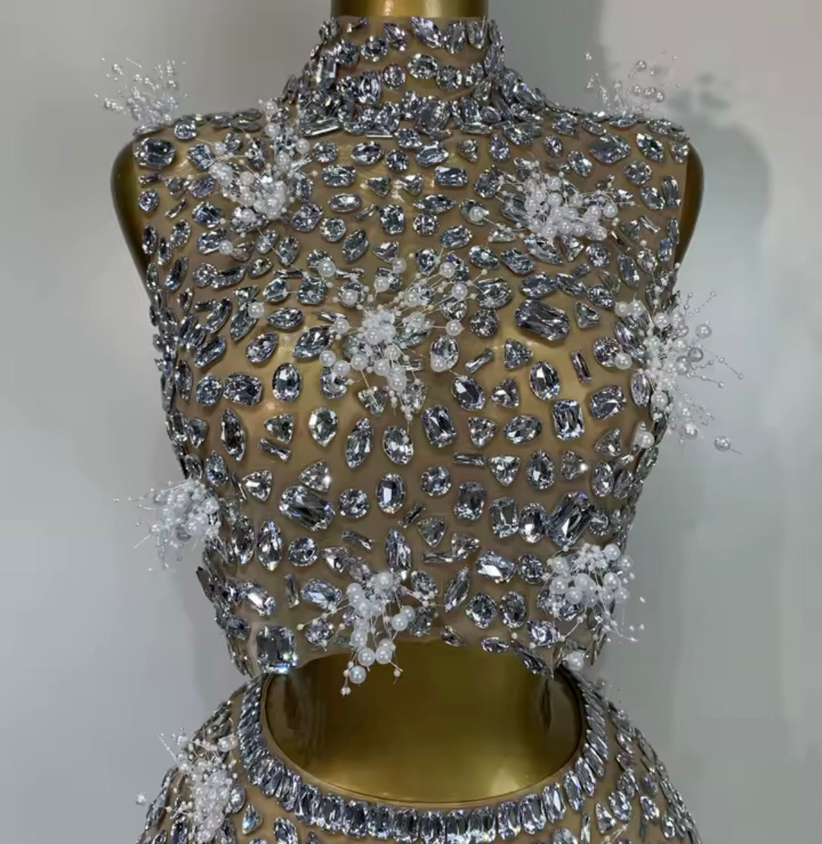 Sleeveless Crystal Rhinestone Sexy Mesh Two Piece Skirt Set