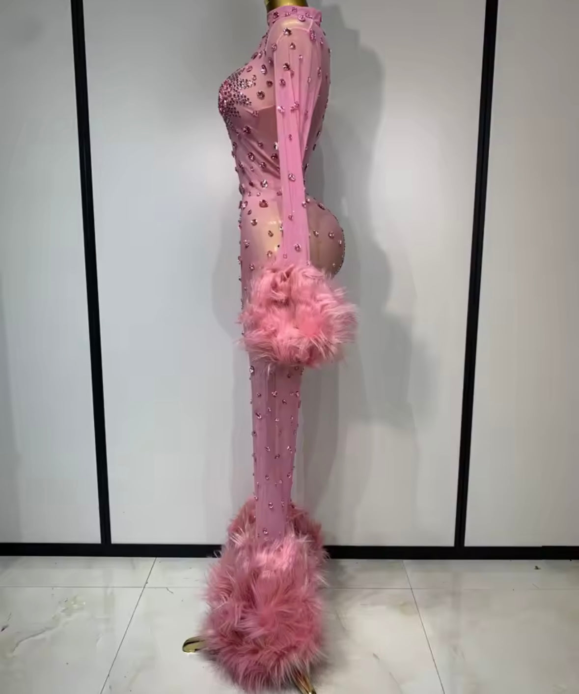 Rhinestone Feather Full Sleeve Sexy Mesh Jumpsuit