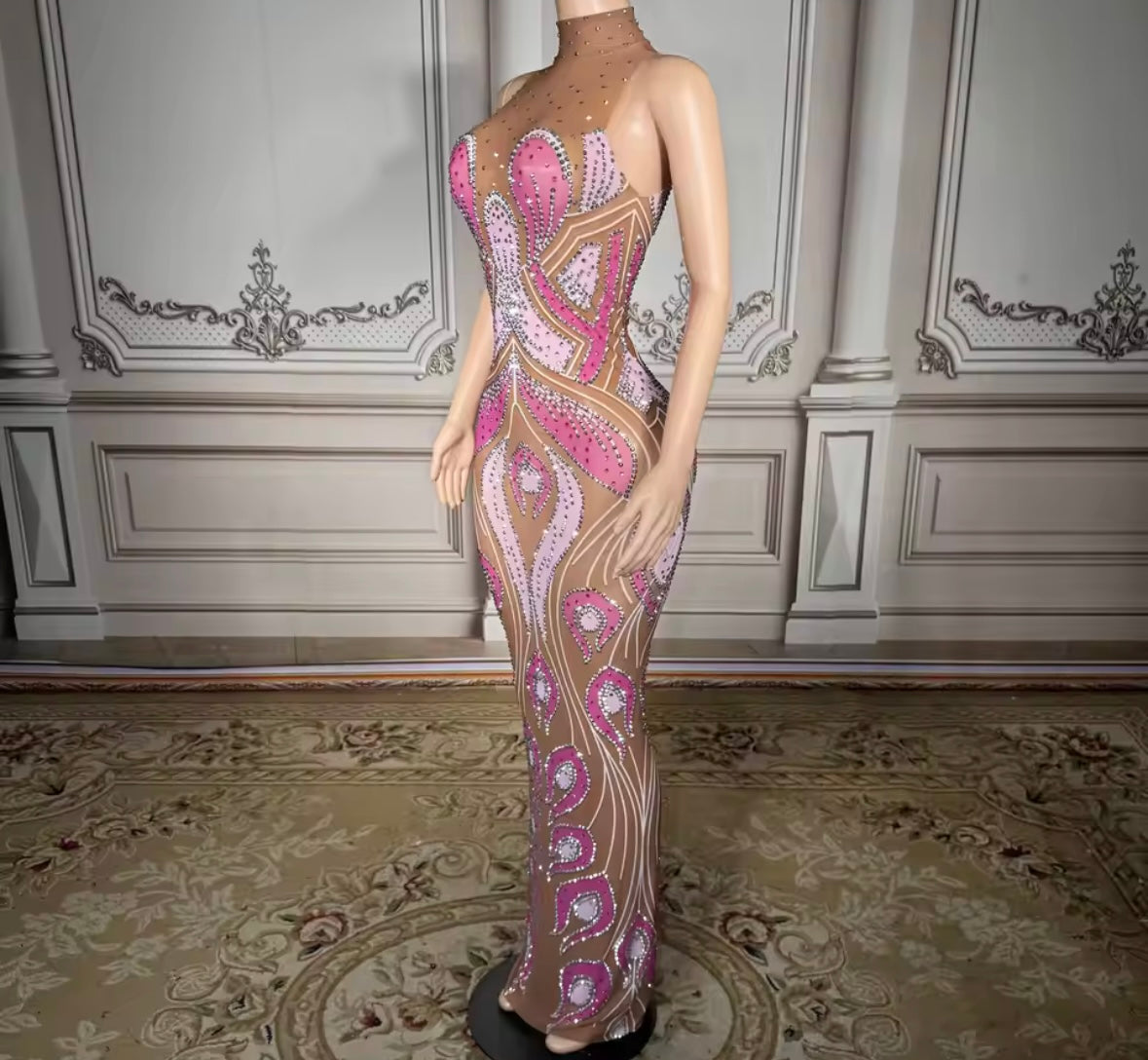 Sexy Sleeveless Color Patchwork Rhinestone See Through Maxi Dress