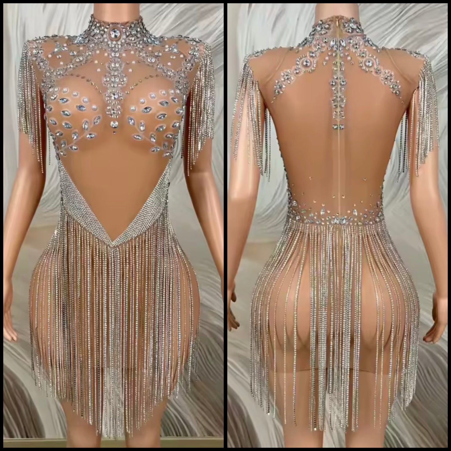 Sexy Rhinestone Tassel See Through Sleeveless Dress