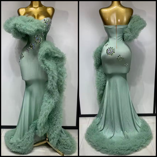 Green Elegant Strapless Ruffle Rhinestone Maxi Dress