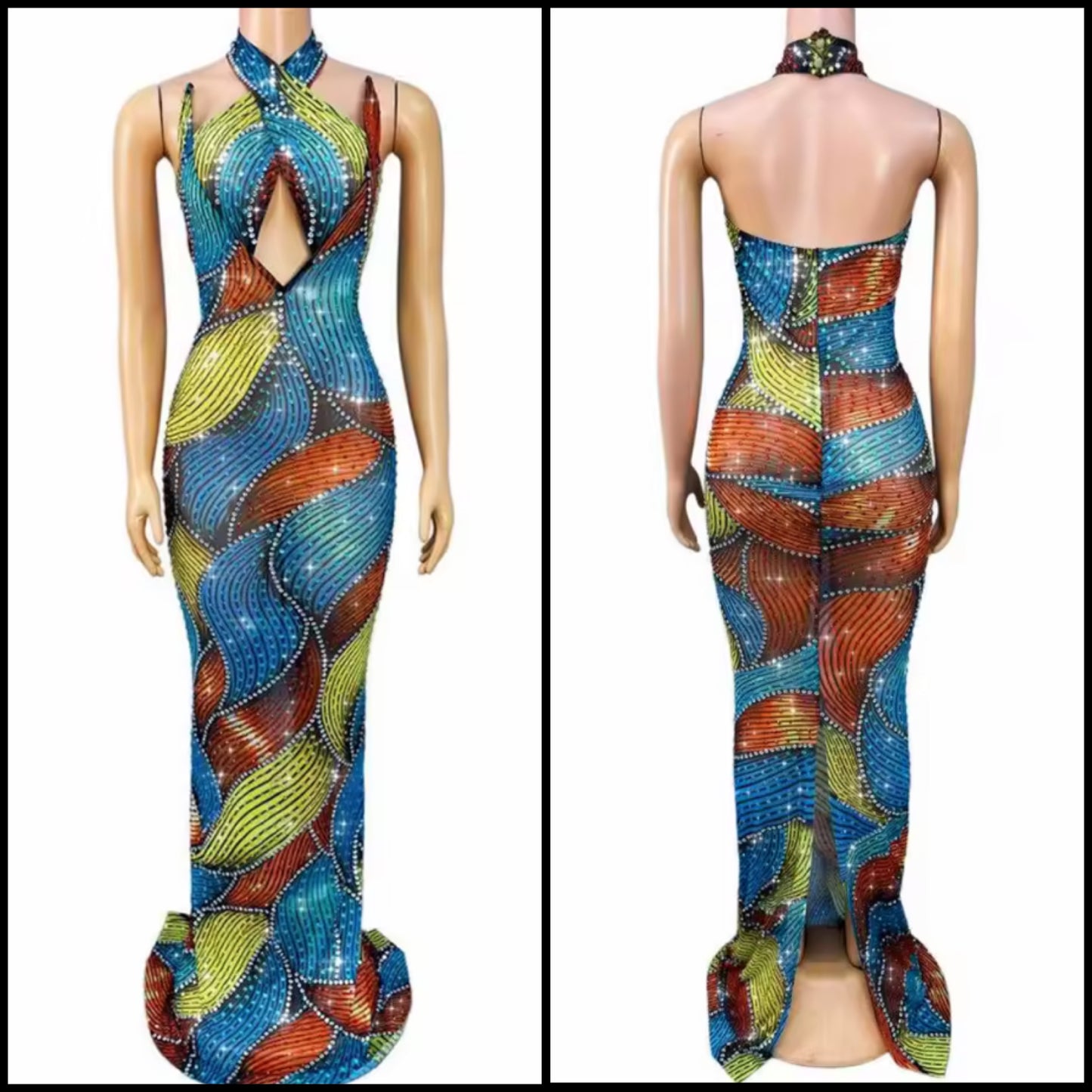 Sexy Multicolored Halter Sleeveless Rhinestone Maxi Dress