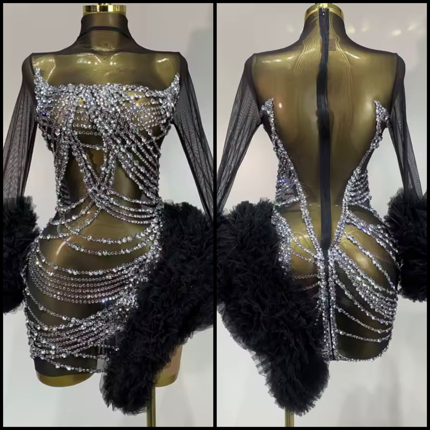 Sexy Black Ruffle Rhinestone Full Sleeve Short Dress