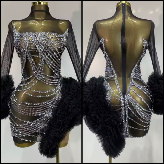 Sexy Black Ruffle Rhinestone Full Sleeve Short Dress